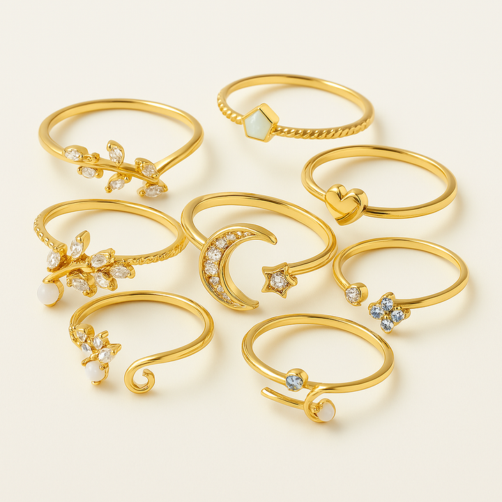 Ensemble de 10 bagues bohémiennes en argent et or plaqué