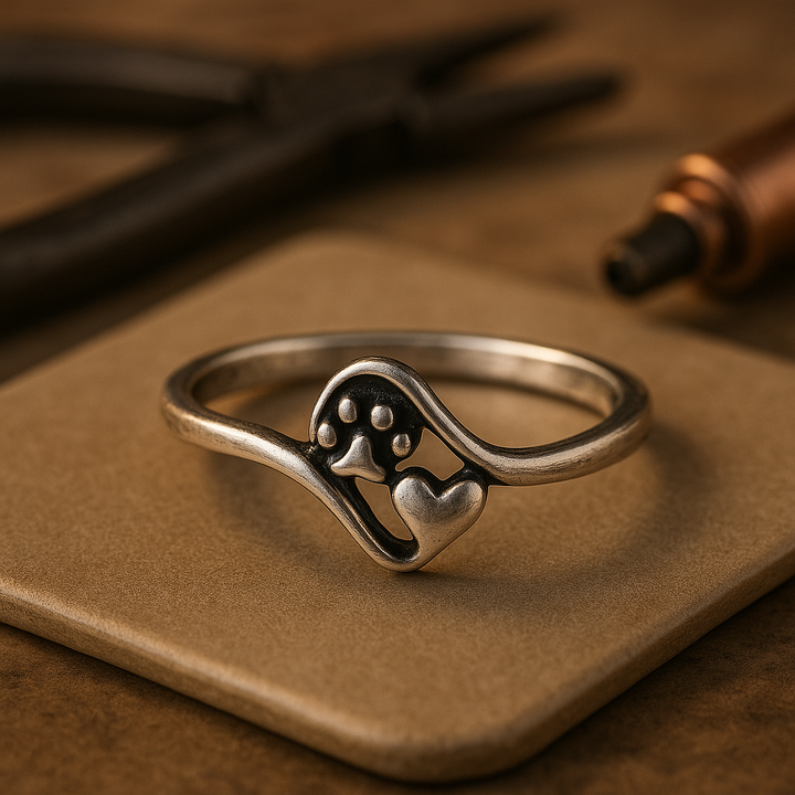 Bague vintage en argent avec empreinte de patte et motif en cœur