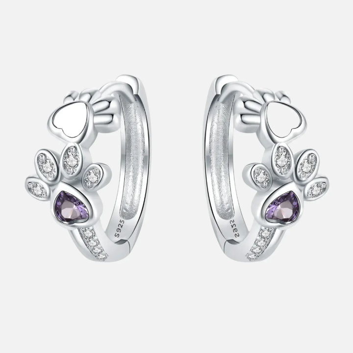Boucles d'oreilles Paw Huggie en argent avec zirconiums et gemme en forme de cœur