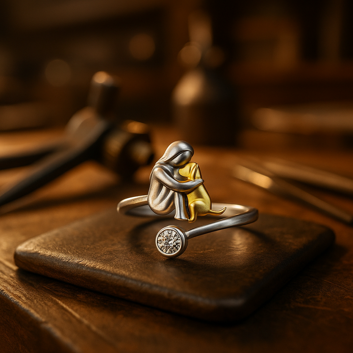 Bague en argent avec un chien et des pierres de zirconium